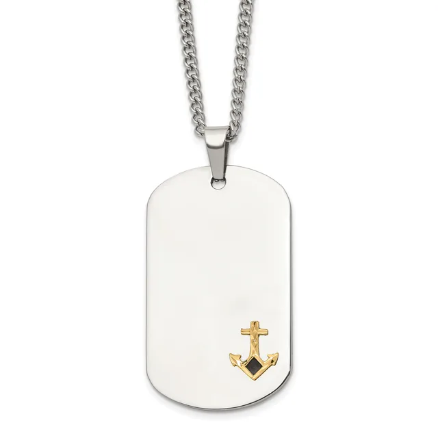 Stainless steel dog tag pendant with gold-toned anchor design and black accent, suspended from a curb chain necklace.