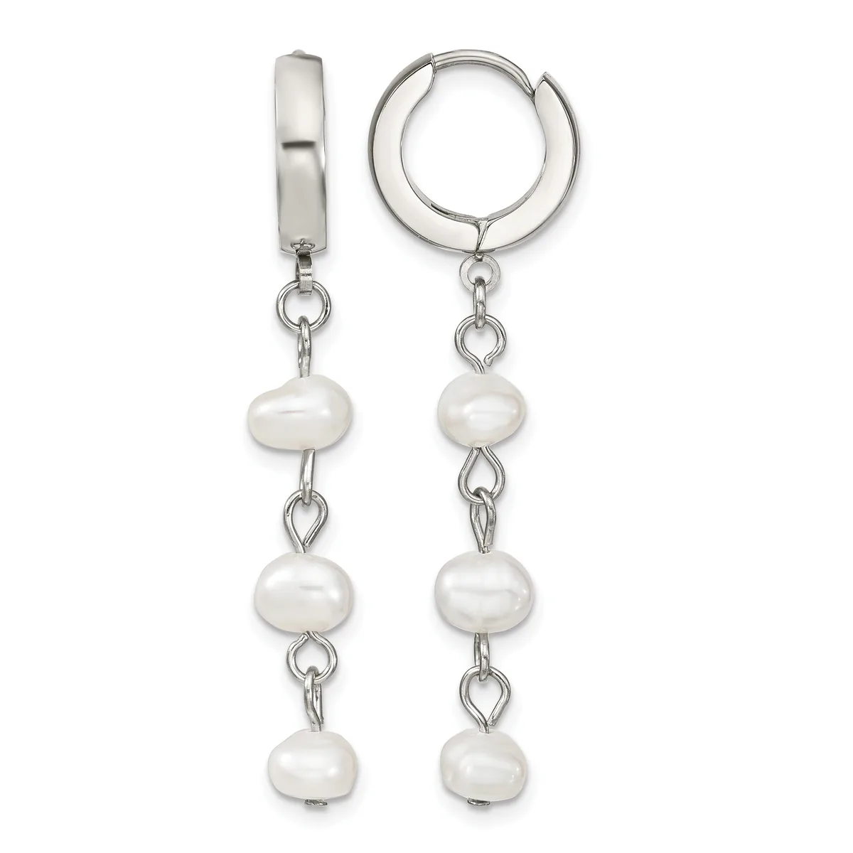 A pair of silver huggie hoop earrings with three white pearl beads dangling from each hoop on chain links.