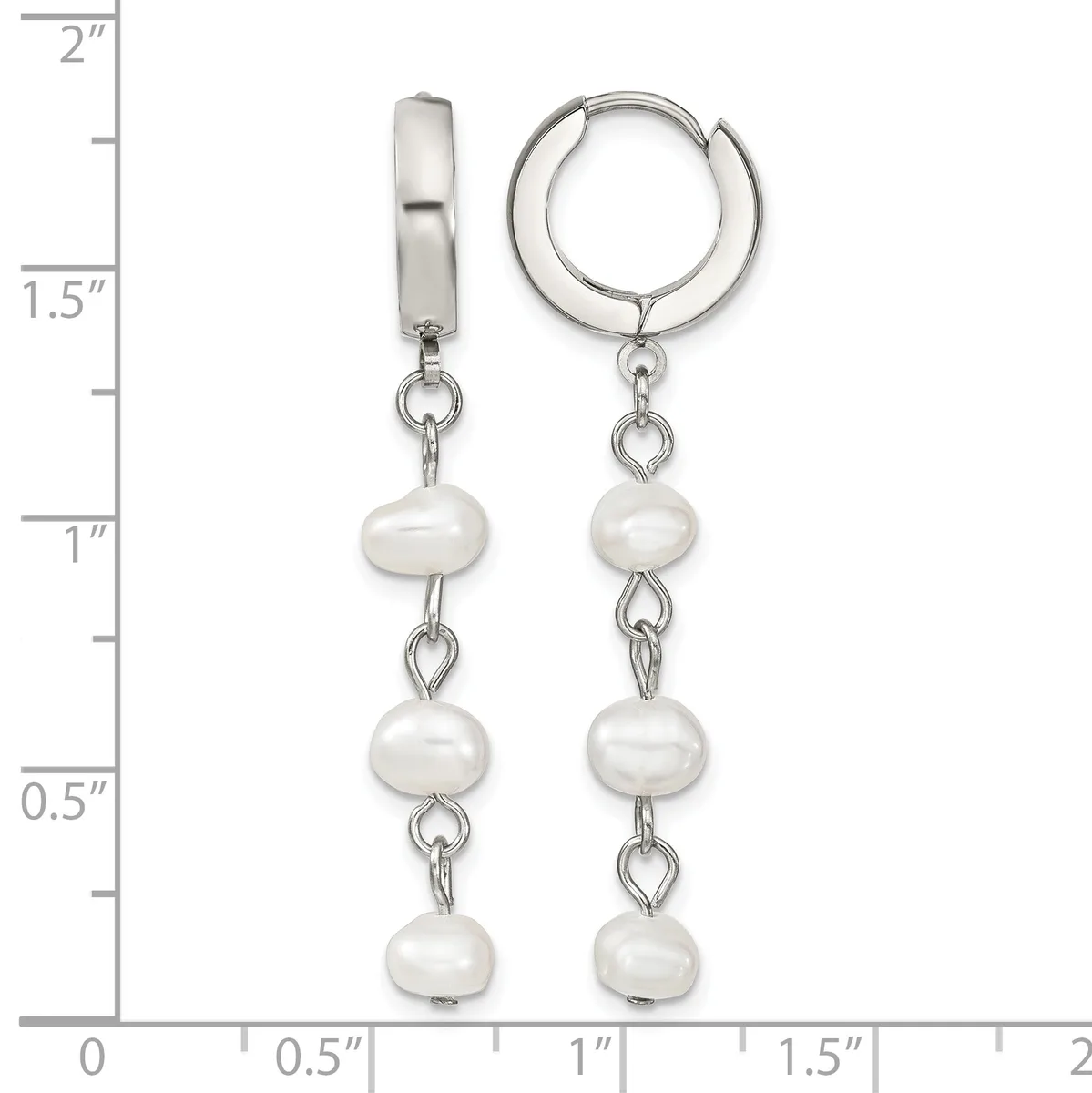 Silver huggie hoop earrings with three white pearl beads dangling from each hoop, displayed against a measurement scale showing approximately two inches in length.