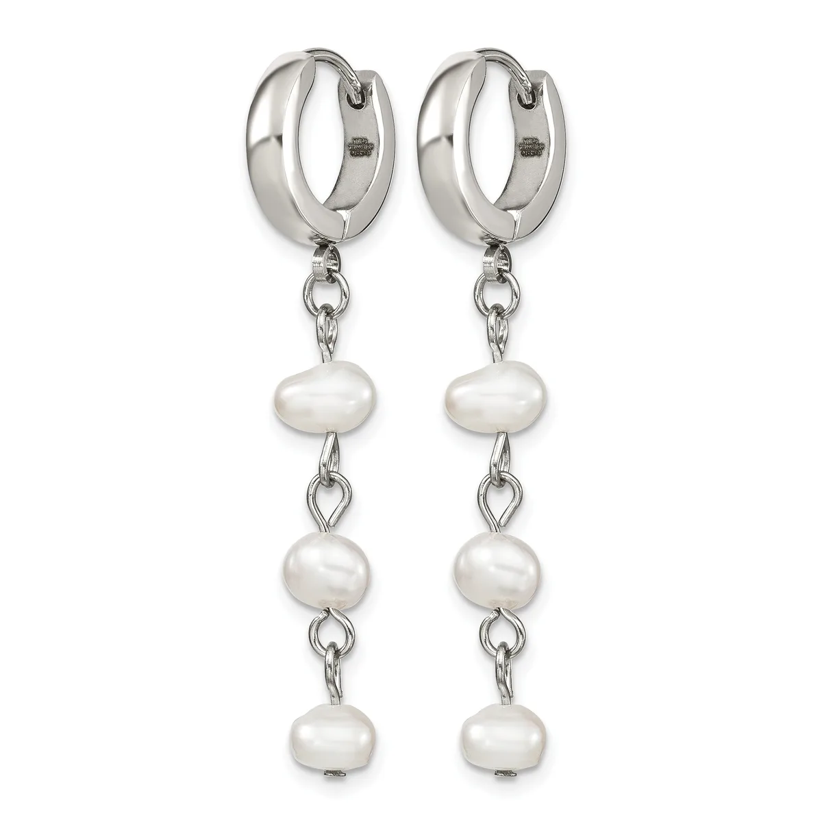A pair of silver hoop earrings with three white pearl drops suspended from chains on each earring.