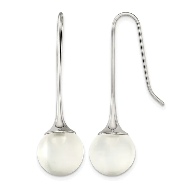 A pair of sterling silver earrings with polished white pearl spheres suspended from curved wires, shown from front and side angles.