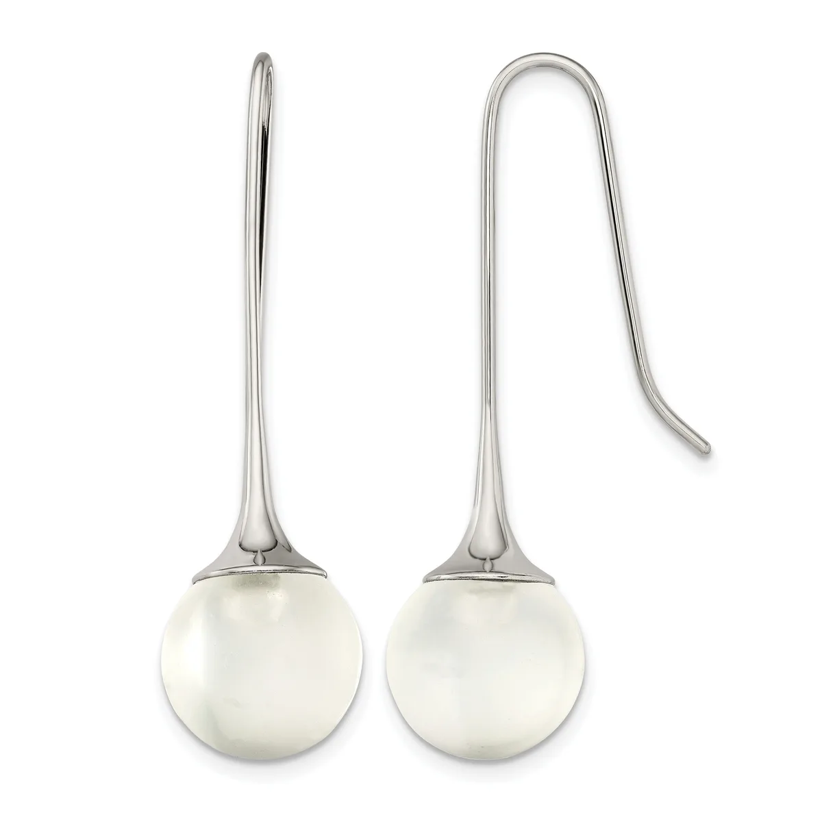 A pair of sterling silver earrings with polished white pearl spheres suspended from curved wires, shown from front and side angles.