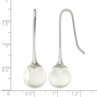Two silver earrings with white pearl spheres suspended from curved hooks, displayed against a measurement scale showing approximately 2 inches in total length.