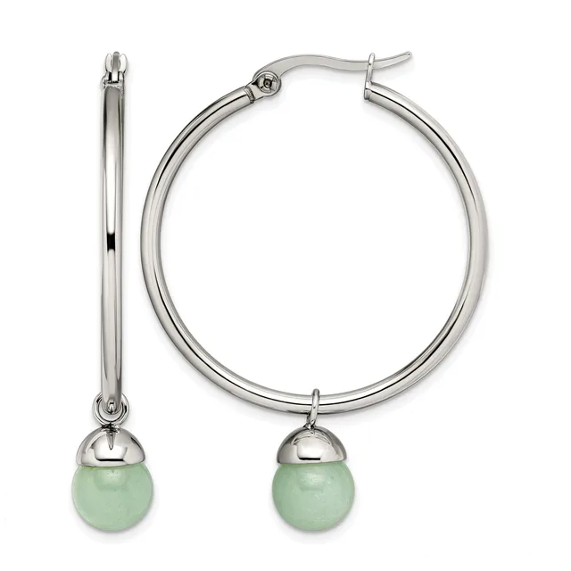 Pair of silver-toned hoop earrings with light green spherical stone drops, shown from front and side views.