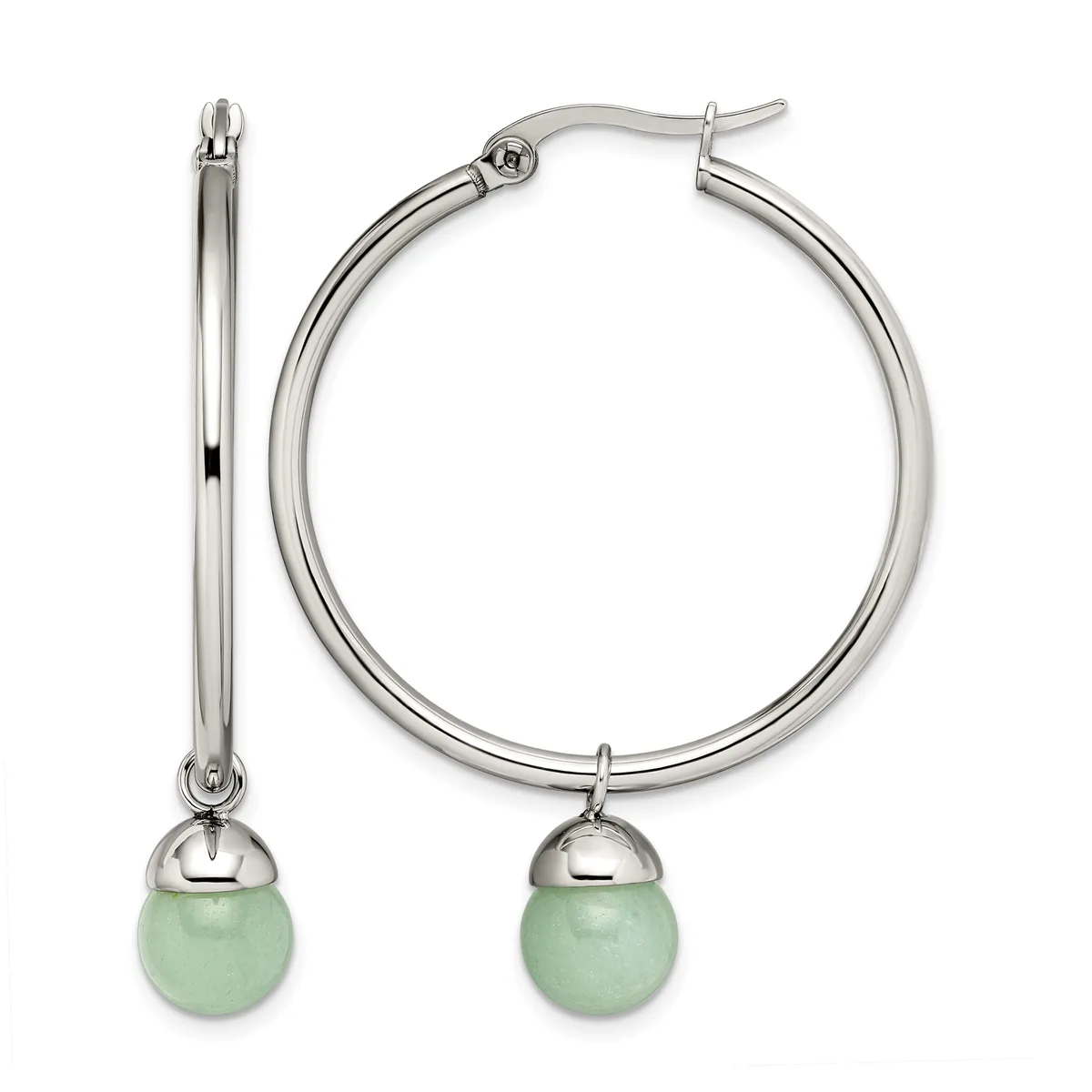 Pair of silver-toned hoop earrings with light green spherical stone drops, shown from front and side views.