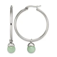 Pair of silver-toned hoop earrings with light green spherical stone drops, shown from front and side views.