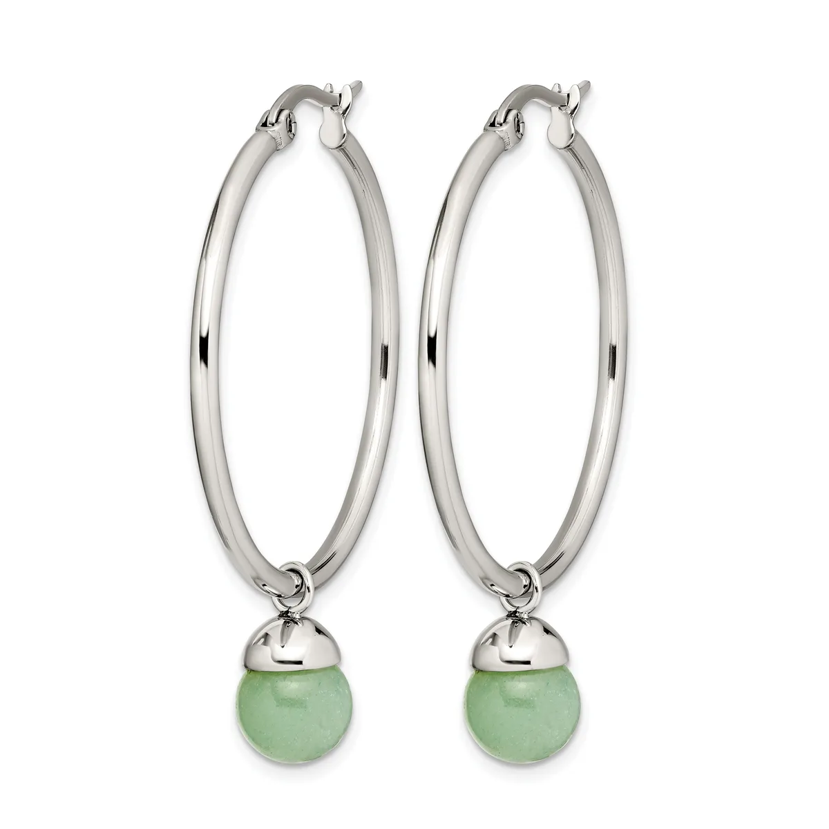 A pair of silver-toned hoop earrings with polished finish and hinged closures, each suspending a round green jade or similar stone bead below.