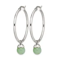 A pair of silver-toned hoop earrings with polished finish and hinged closures, each suspending a round green jade or similar stone bead below.