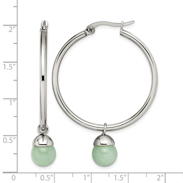 Pair of silver-toned hoop earrings with light green stone drops, shown next to a ruler measuring approximately 1.5 inches in diameter.