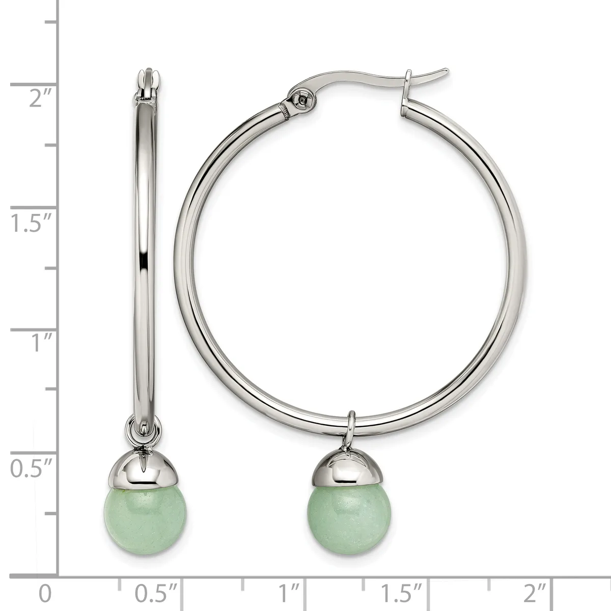 Pair of silver-toned hoop earrings with light green stone drops, shown next to a ruler measuring approximately 1.5 inches in diameter.