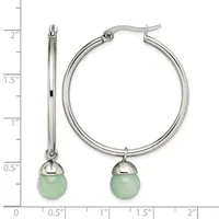 Pair of silver-toned hoop earrings with light green stone drops, shown next to a ruler measuring approximately 1.5 inches in diameter.