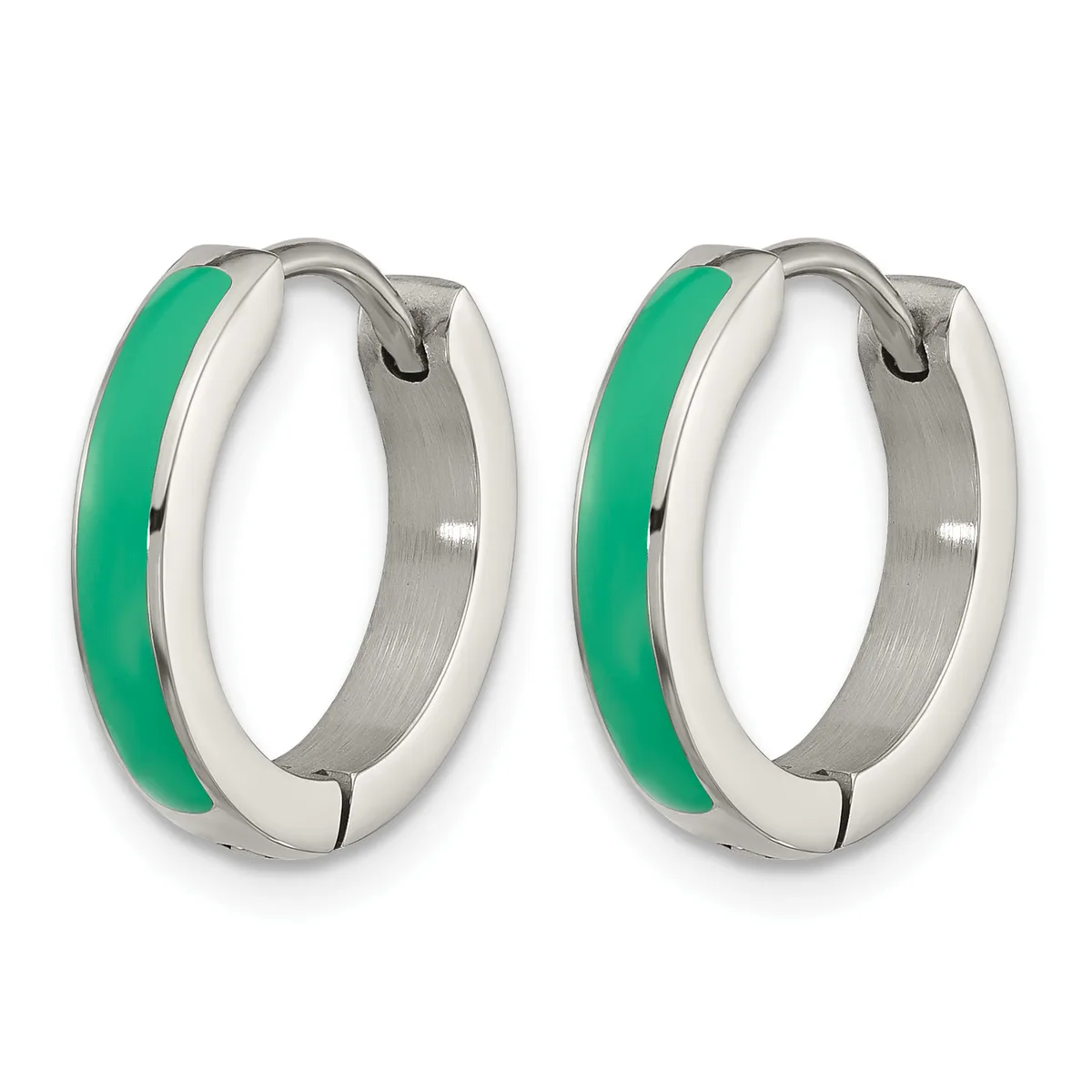 A pair of silver hoop earrings with green enamel inlay on the outer curved surface, shown from the front against a white background.
