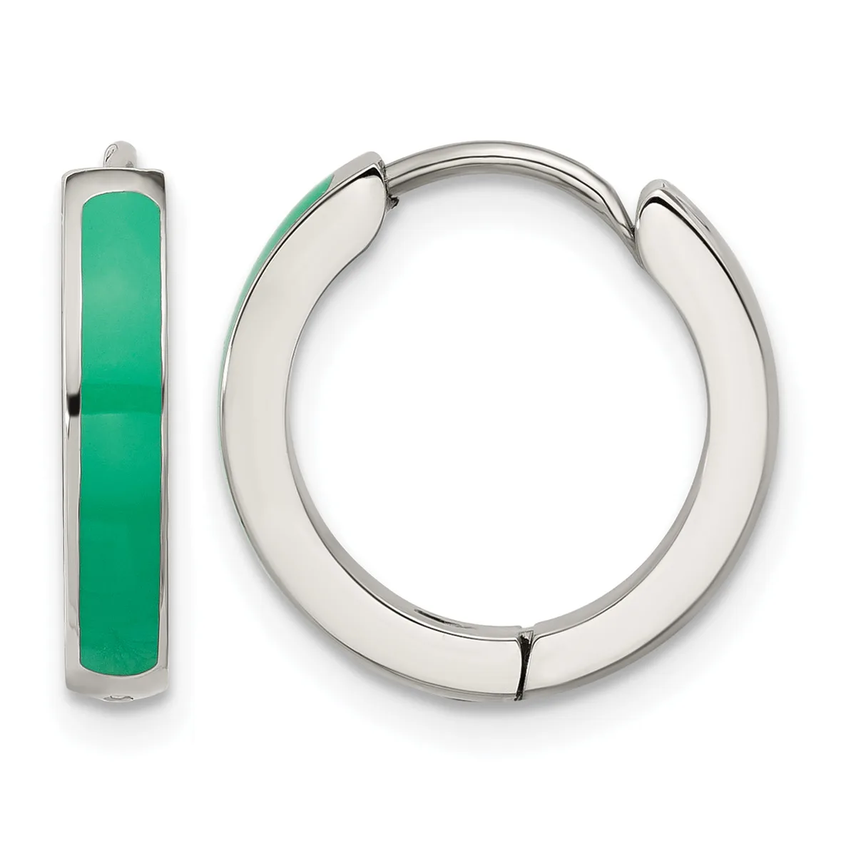 A pair of silver hoop earrings with green enamel inlay displayed against a white background.