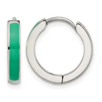 A pair of silver hoop earrings with green enamel inlay displayed against a white background.