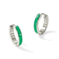 A pair of silver hoop earrings with bright green enamel inlay on the outer surface, shown from front and side angles.