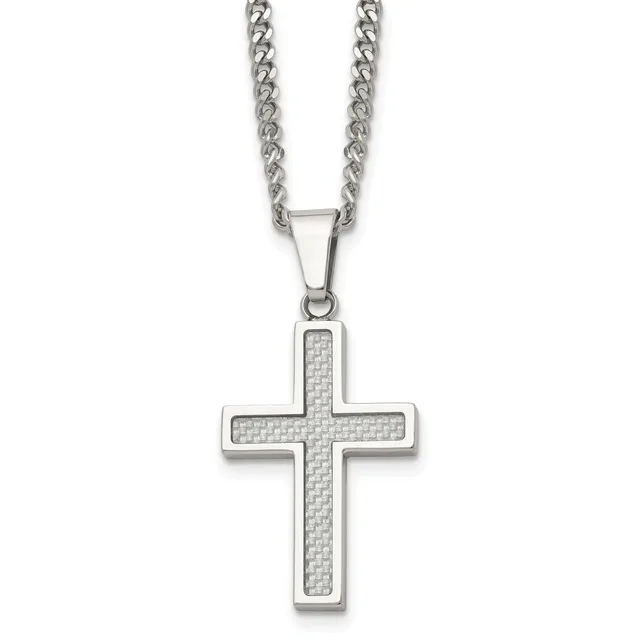 Silver cross pendant with textured center panel hanging from a twisted chain necklace.