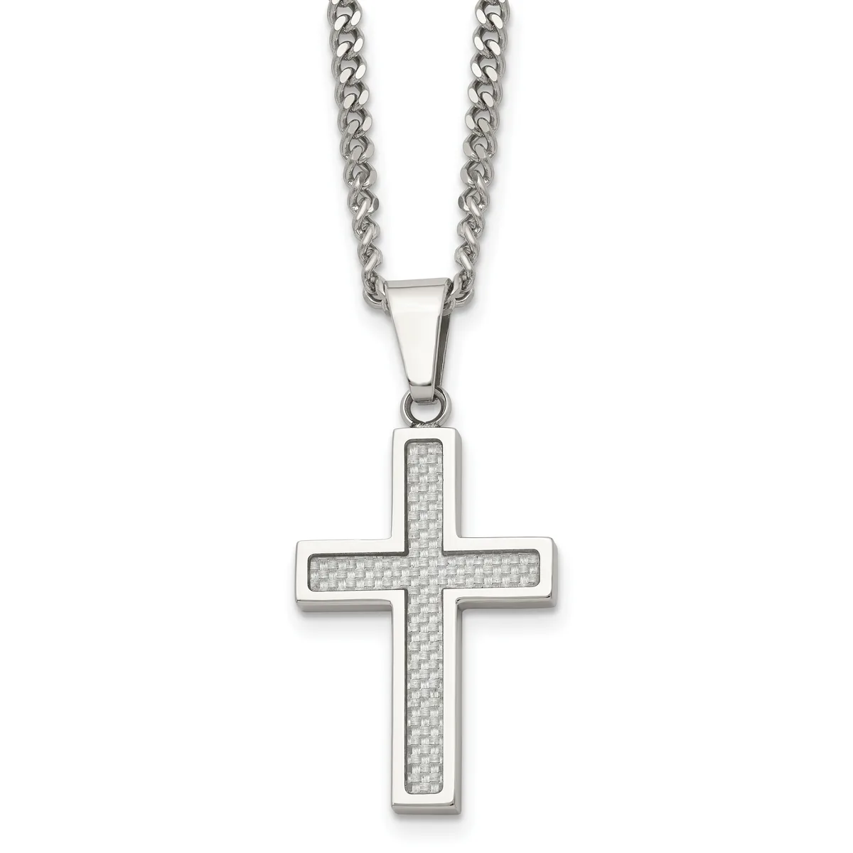 Silver cross pendant with textured center panel hanging from a twisted chain necklace.