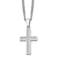 Silver cross pendant with textured center panel hanging from a twisted chain necklace.