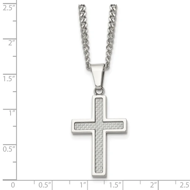 Silver cross pendant with textured center on a curb chain, shown next to a ruler measuring approximately 1.25 inches tall.