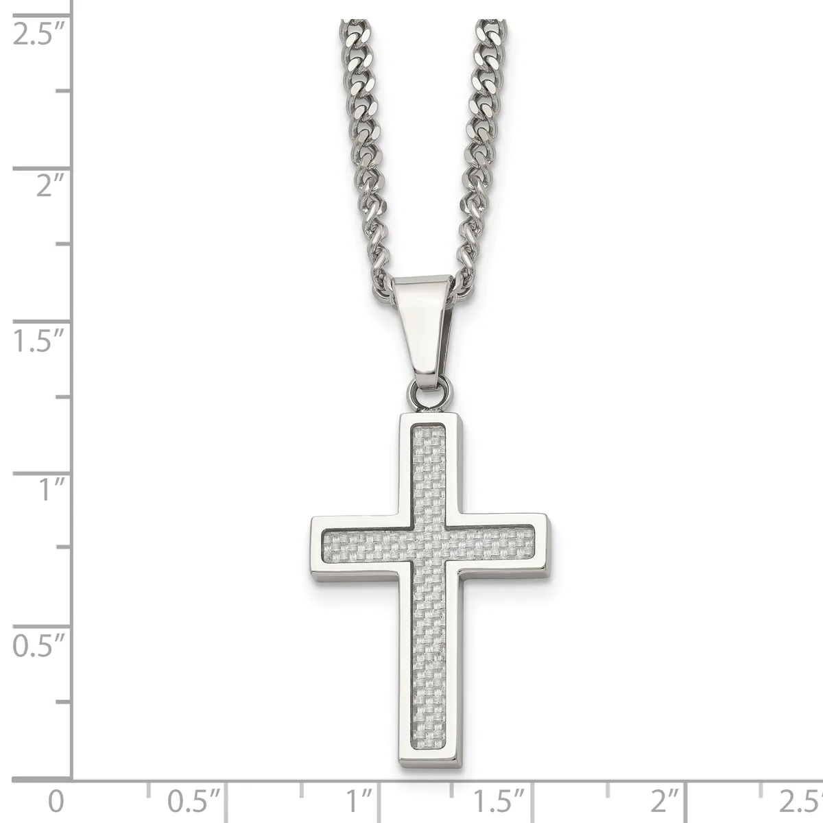 Silver cross pendant with textured center on a curb chain, shown next to a ruler measuring approximately 1.25 inches tall.