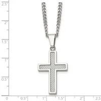 Silver cross pendant with textured center on a curb chain, shown next to a ruler measuring approximately 1.25 inches tall.