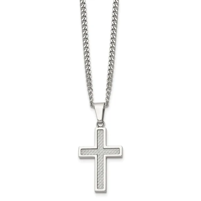 Silver cross pendant with textured surface hanging from a curb chain.