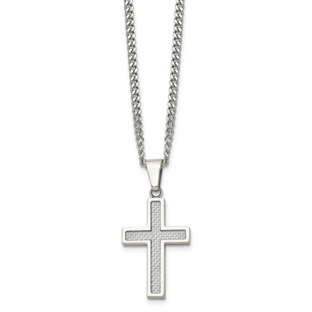 Silver cross pendant with textured surface hanging from a curb chain.