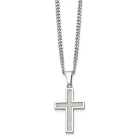 Silver cross pendant with textured surface hanging from a curb chain.