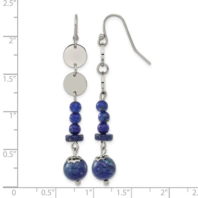 Pair of dangling earrings with silver-tone disc tops, lapis lazuli beads in the middle, and larger lapis lazuli sphere drops, displayed against a ruler showing approximately 2.5 inches in length.