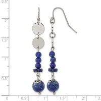 Pair of dangling earrings with silver-tone disc tops, lapis lazuli beads in the middle, and larger lapis lazuli sphere drops, displayed against a ruler showing approximately 2.5 inches in length.