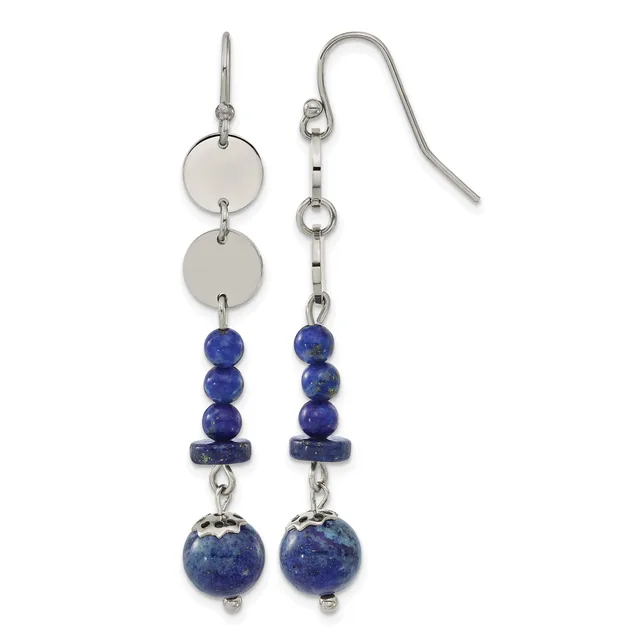 A pair of silver-toned earrings with two disc charms at the top, lapis lazuli beads in the middle, and larger lapis lazuli spheres hanging at the bottom, displayed against a white background.