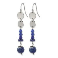 A pair of silver dangle earrings with two polished circular discs at the top, three lapis lazuli beads in the middle, and a larger lapis lazuli sphere at the bottom, displayed against a white background.