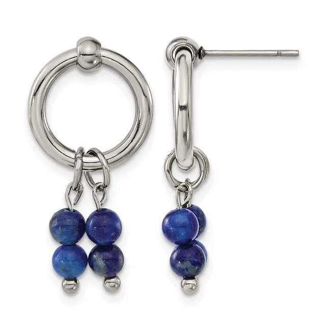 Pair of silver-toned drop earrings with circular tops and dangles of four lapis lazuli beads each, shown from front and side views.