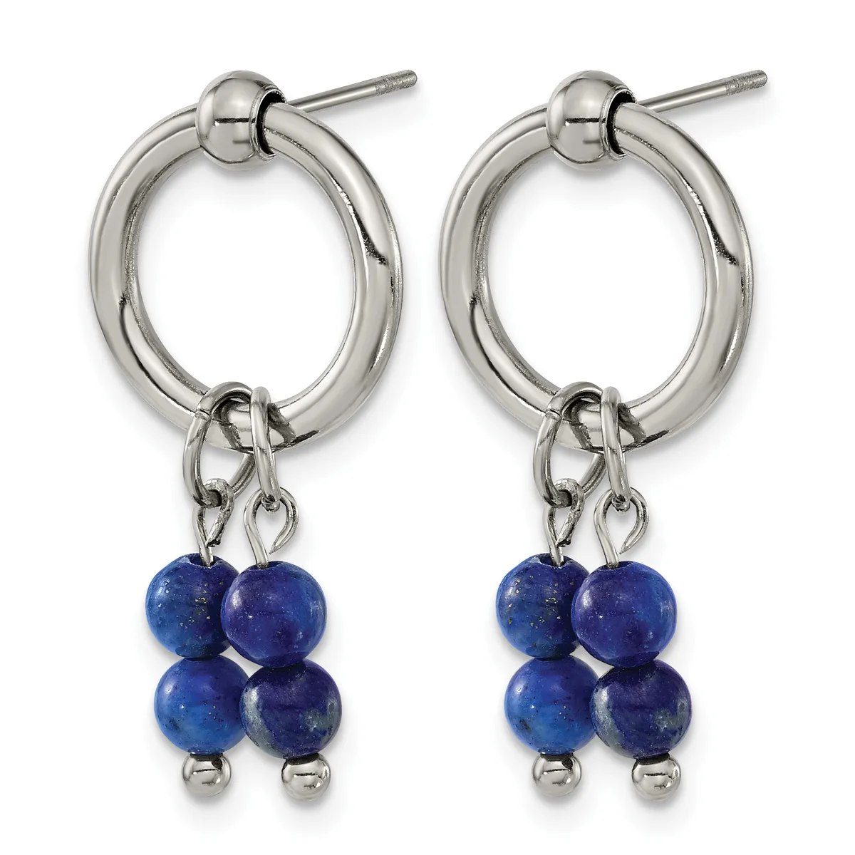 Pair of silver-toned hoop earrings with post backs, each dangling four polished lapis lazuli beads in deep blue with gold flecks.