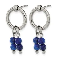 Pair of silver-toned hoop earrings with post backs, each dangling four polished lapis lazuli beads in deep blue with gold flecks.