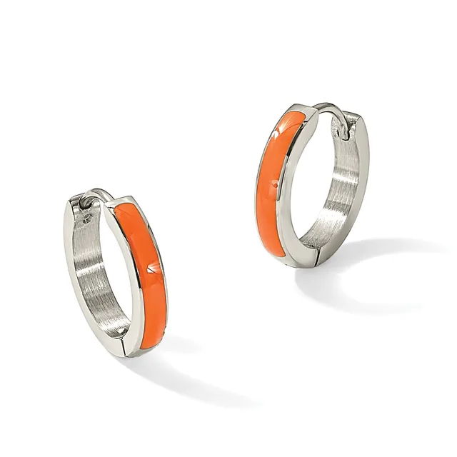 Two stainless steel hoop earrings with orange enamel inlay and hinged closures, shown in small and large sizes.
