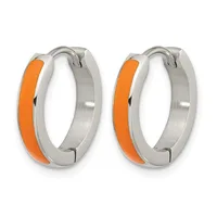 A pair of stainless steel hoop earrings with orange enamel inlay on the outer curved surface, shown from the front.