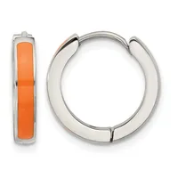 A pair of silver-toned hoop earrings with orange enamel inlay displayed from the front and side views.