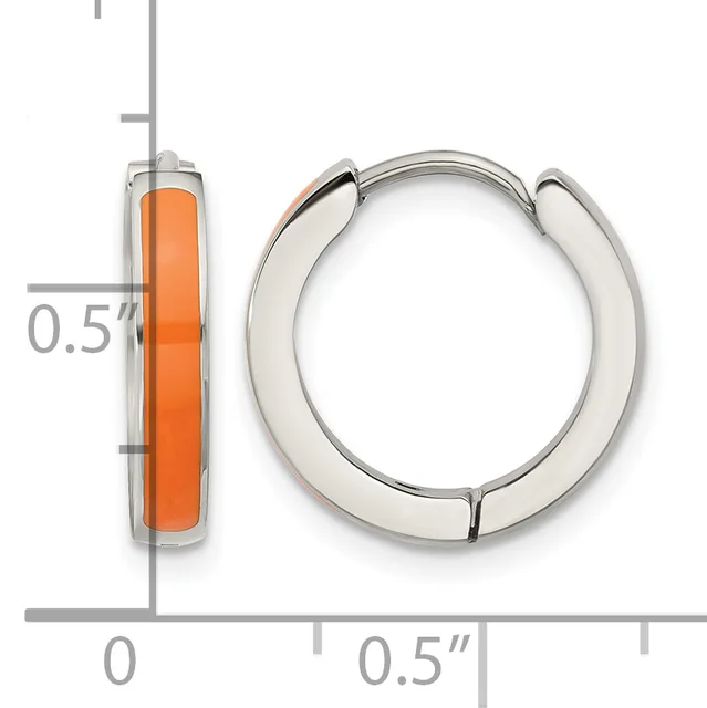 A pair of silver-toned hoop earrings with orange enamel inlay, shown with a measurement scale indicating approximately 0.5 inches in diameter.