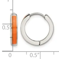 A pair of silver-toned hoop earrings with orange enamel inlay, shown with a measurement scale indicating approximately 0.5 inches in diameter.
