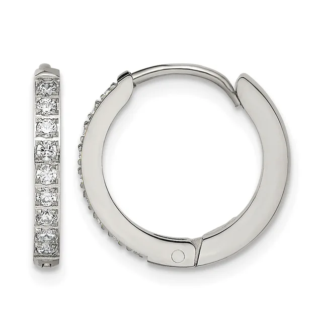 A pair of silver hoop earrings with hinged closures, featuring a continuous line of round diamond-like stones set along the outer edge.