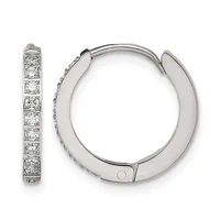 A pair of silver hoop earrings with hinged closures, featuring a continuous line of round diamond-like stones set along the outer edge.