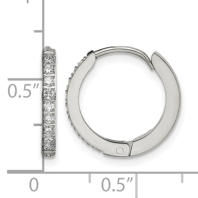 Silver hoop earrings with round brilliant diamond accents set along the front, shown open with a measurement scale indicating approximately 0.5 inch diameter.