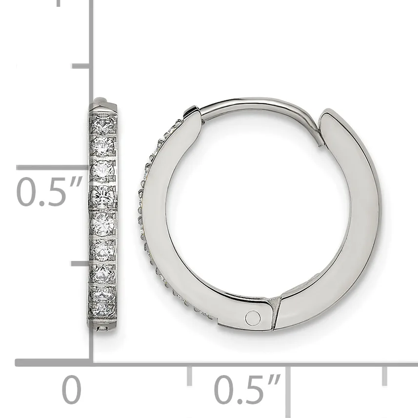 Silver hoop earrings with round brilliant diamond accents set along the front, shown open with a measurement scale indicating approximately 0.5 inch diameter.
