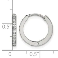 Silver hoop earrings with round brilliant diamond accents set along the front, shown open with a measurement scale indicating approximately 0.5 inch diameter.
