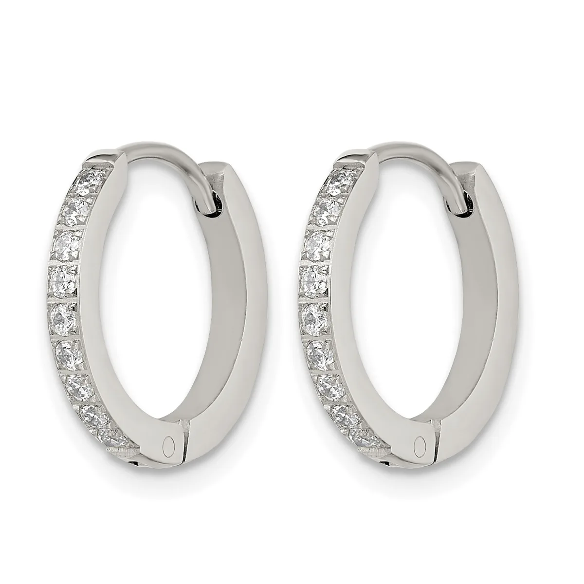 A pair of silver hoop earrings with diamond pave settings along the outer edges and hinged closures, shown from the front.