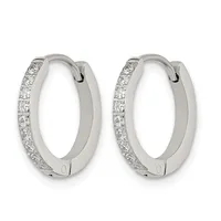 A pair of silver hoop earrings with diamond pave settings along the outer edges and hinged closures, shown from the front.