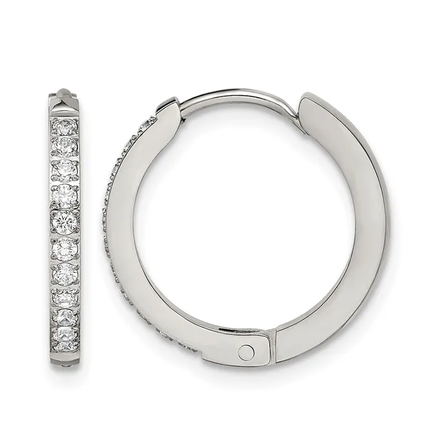 A pair of white metal hinged hoop earrings set with round diamonds along the outer surface, shown from the front and side view.