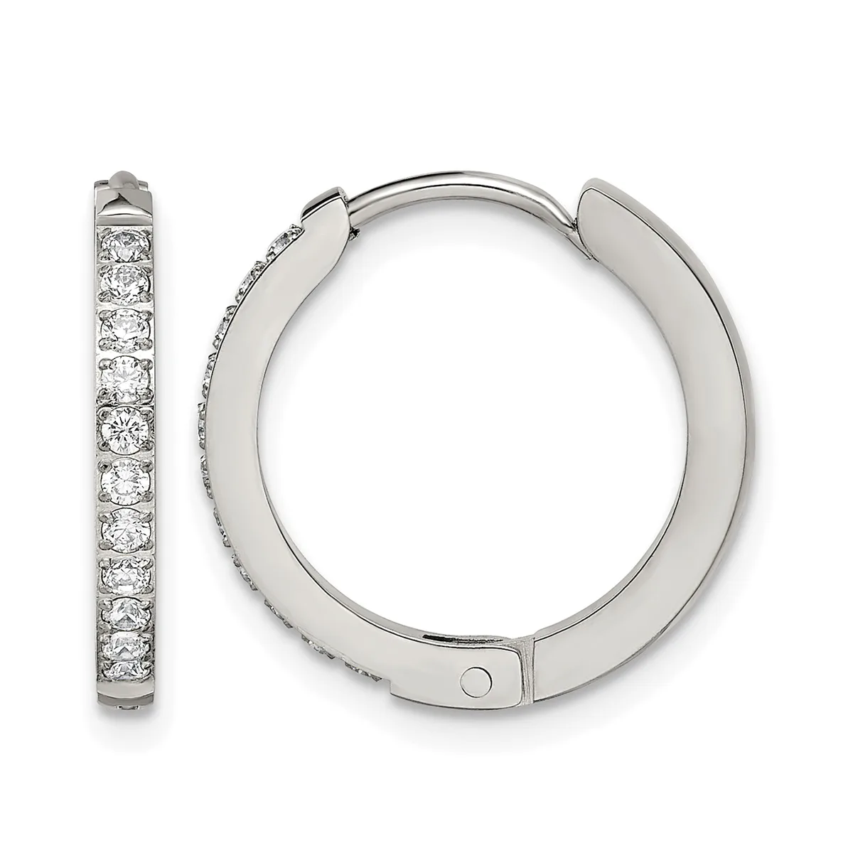 A pair of white metal hinged hoop earrings set with round diamonds along the outer surface, shown from the front and side view.