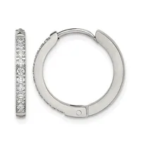 A pair of white metal hinged hoop earrings set with round diamonds along the outer surface, shown from the front and side view.